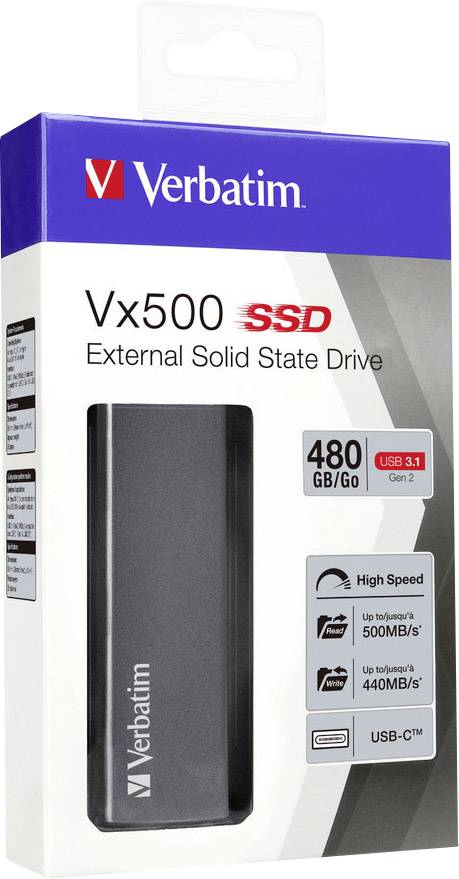 Zewnętrzny SSD Verbatim Vx500, 480 GB, USB 3.1, wysoka prędkość: Odczyt do 500 MB/s, Zapis do 440 MB/s.
