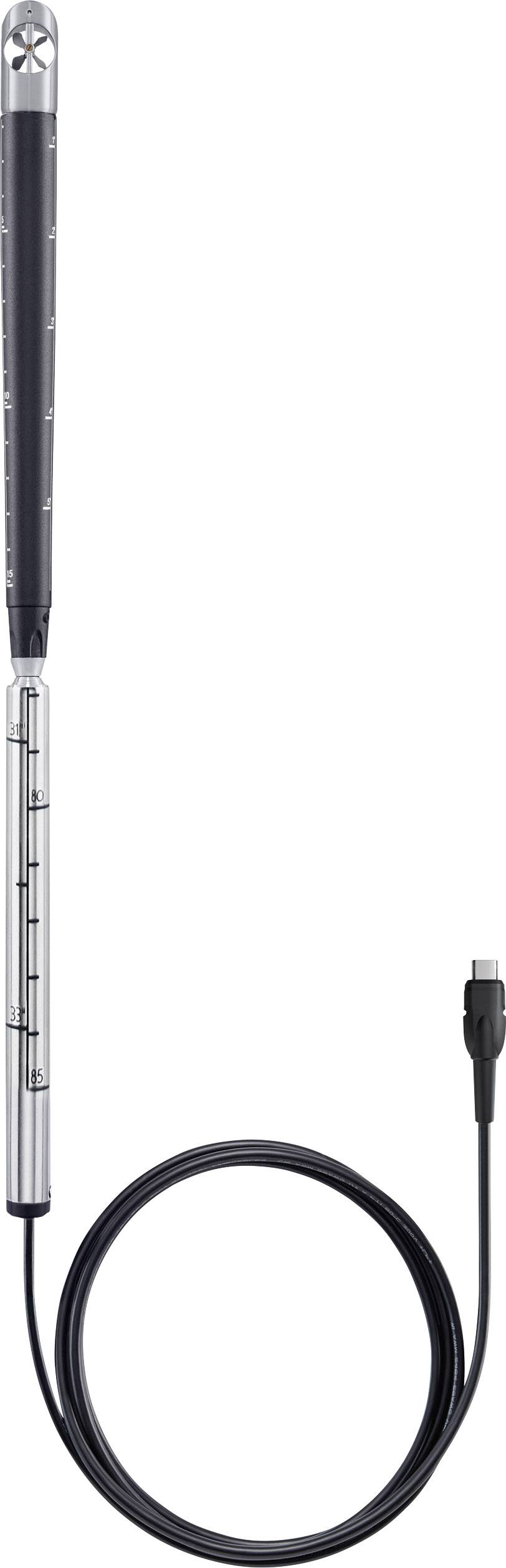 Szare kabel USB-C z wąskim, długim czarnym sensorem na jednym końcu, przedstawione jako proste urządzenie pomiarowe, izolowane na białym tle.