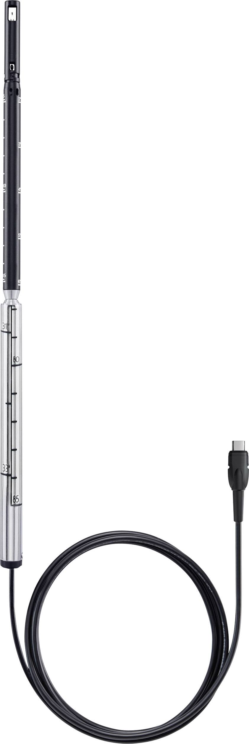 Urządzenie do pomiaru przepływu powietrza z długą sondą i kablem, odpowiednie do precyzyjnych pomiarów w kanałach wentylacyjnych lub trudno dostępnych miejscach.