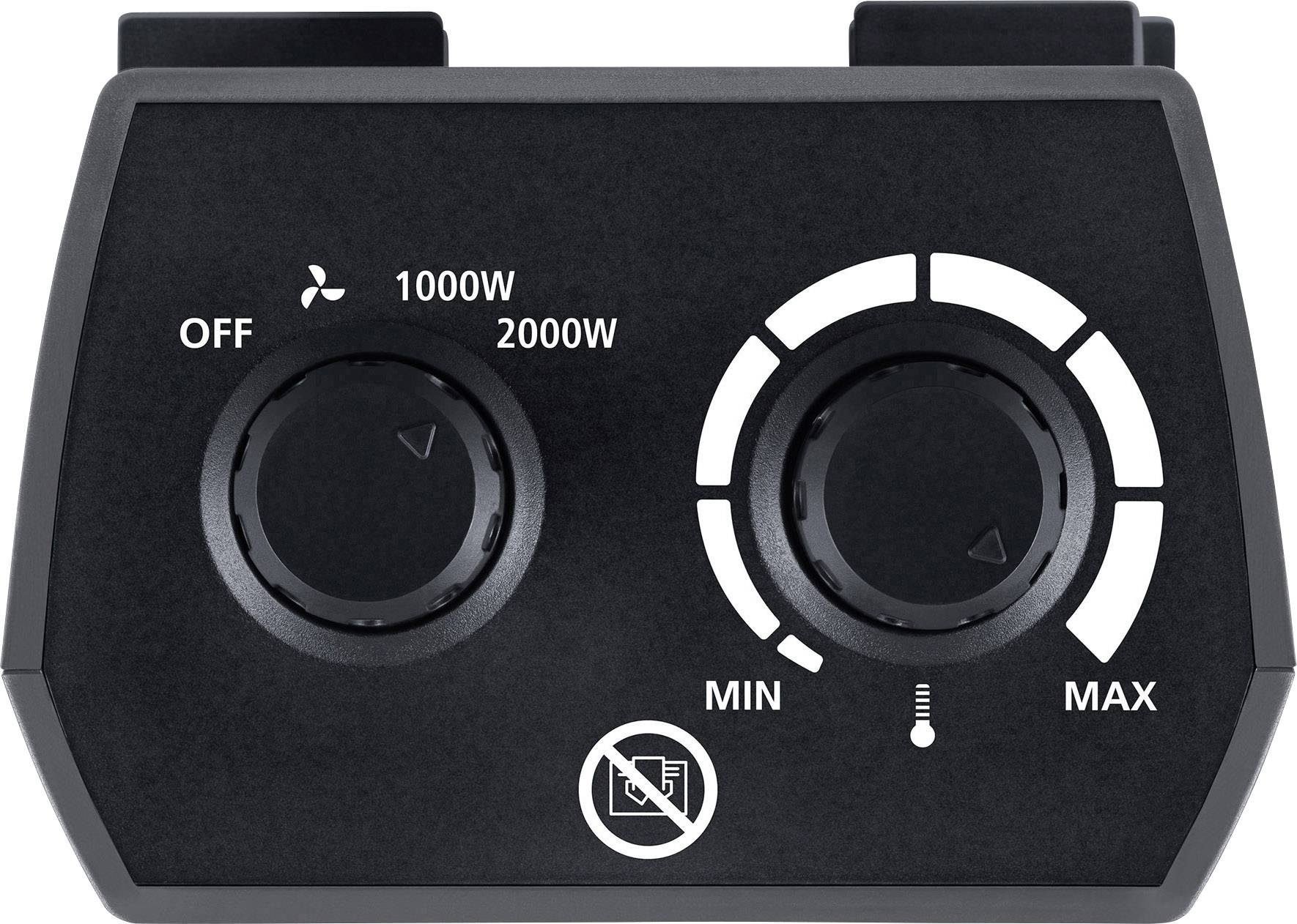 Zasady obsługi grzejnika elektrycznego. Po lewej: Przełącznik włączania/wyłączania z ustawieniami 1000W i 2000W. Po prawej: Termostat od MIN do MAX. Symbole przepływu powietrza i temperatury.
