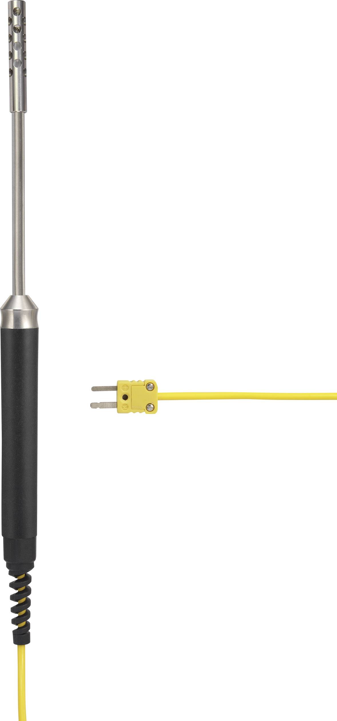 Żółty czujnik termoelektryczny z czarną rękojeścią i odkrytym wtykiem, przeznaczony do pomiarów temperatury w różnych środowiskach.