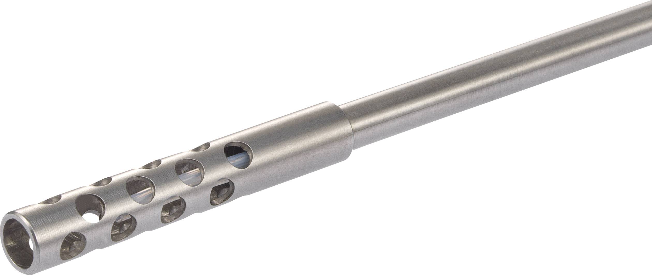 Metalowy cylinder z otworami na długim pręcie, prawdopodobnie element urządzenia technicznego lub mechanicznego.