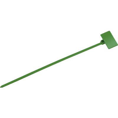 Zielony plastikowy opaska zaciskowa z prostokątną częścią zamykającą, często używana do bezpiecznego wiązania lub oznaczania przedmiotów.