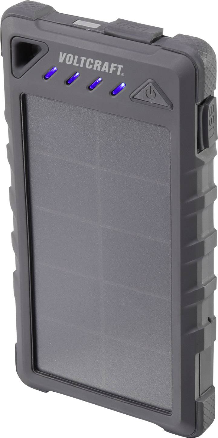Czarna, prostokątna powerbank z panelem słonecznym marki Voltcraft, wyposażona w cztery niebieskie wskaźniki LED sygnalizujące poziom naładowania.