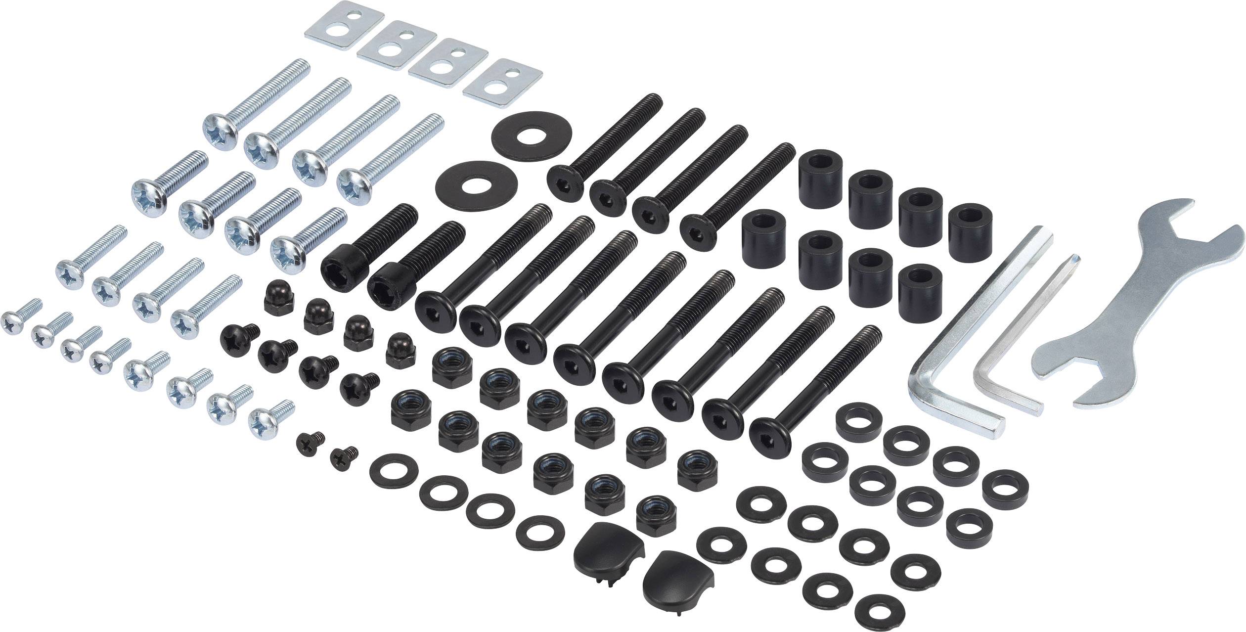Zestaw śrub metalowych i plastikowych, podkładek, nakrętek i narzędzi, odpowiedni do montażu mebli.