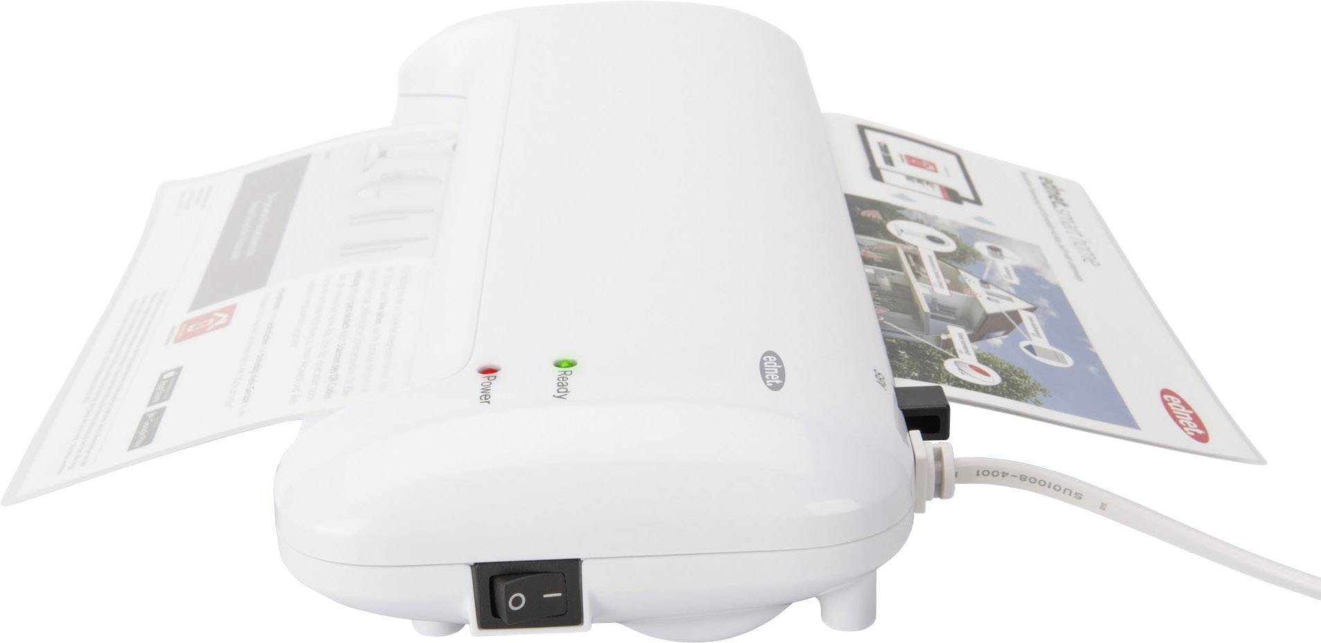 Urządzenie do laminowania dokumentujące dokument. Dwie lampki kontrolne wskazują stan pracy, widoczny jest przełącznik.