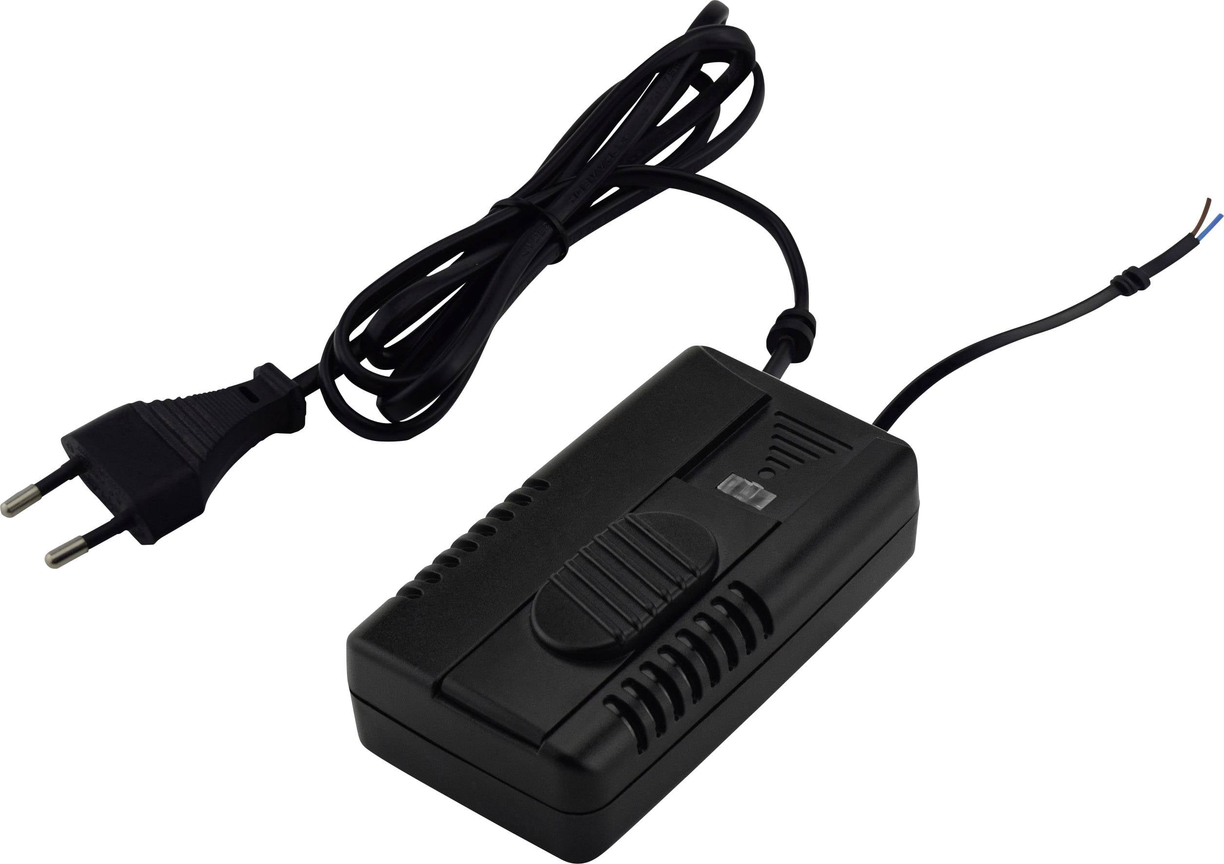 Czarny zasilacz z wtyczką europejską i długim czarnym przewodem.