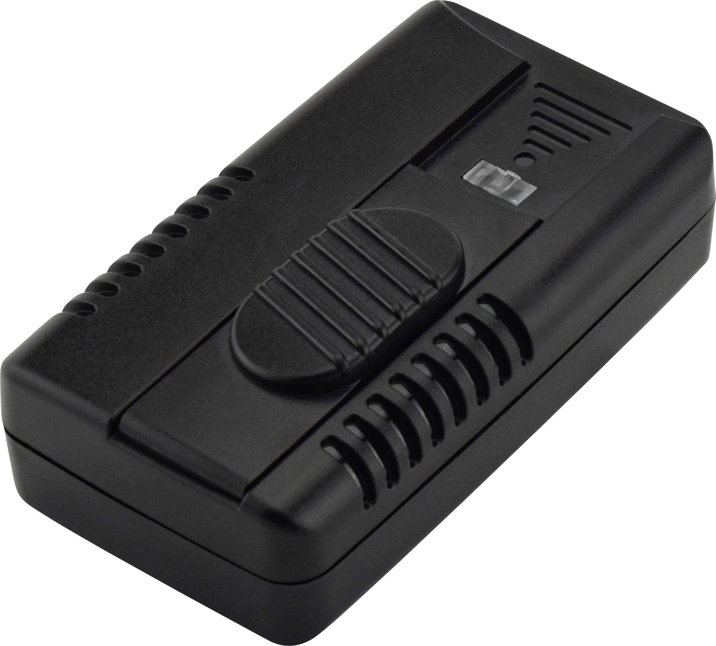 Czarny adapter z suwakiem, wentylowaną obudową i przezroczystym złączem, prawdopodobnie służący do regulacji napięcia.