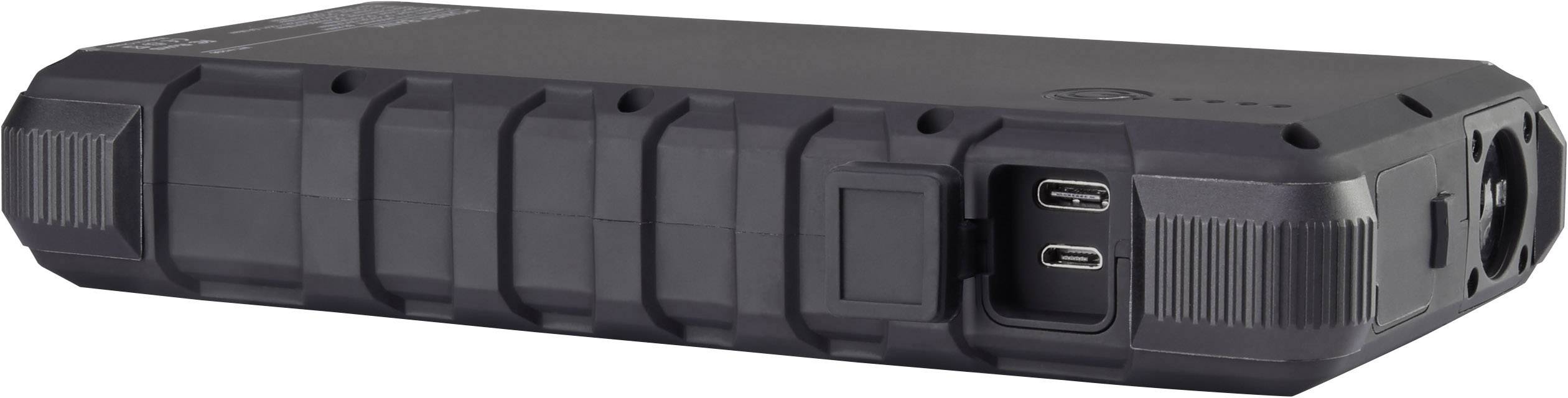 Czarna, przenośna powerbank o wytrzymałej konstrukcji, z dwoma portami USB i uchwytami bocznymi, idealna do aktywności na świeżym powietrzu.