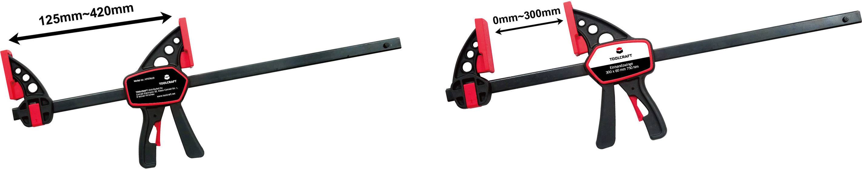 Dwie zaciski metalowe z czerwonymi uchwytami, jeden o rozpiętości 125–410 mm, drugi o rozpiętości 10–90 mm, na białym tle.