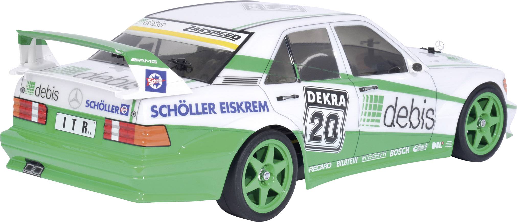 Modelowy samochód w zielono-białym malowaniu z napisami 'debis' i 'Schöller Eiskrem'. Numer 20 na drzwiach.