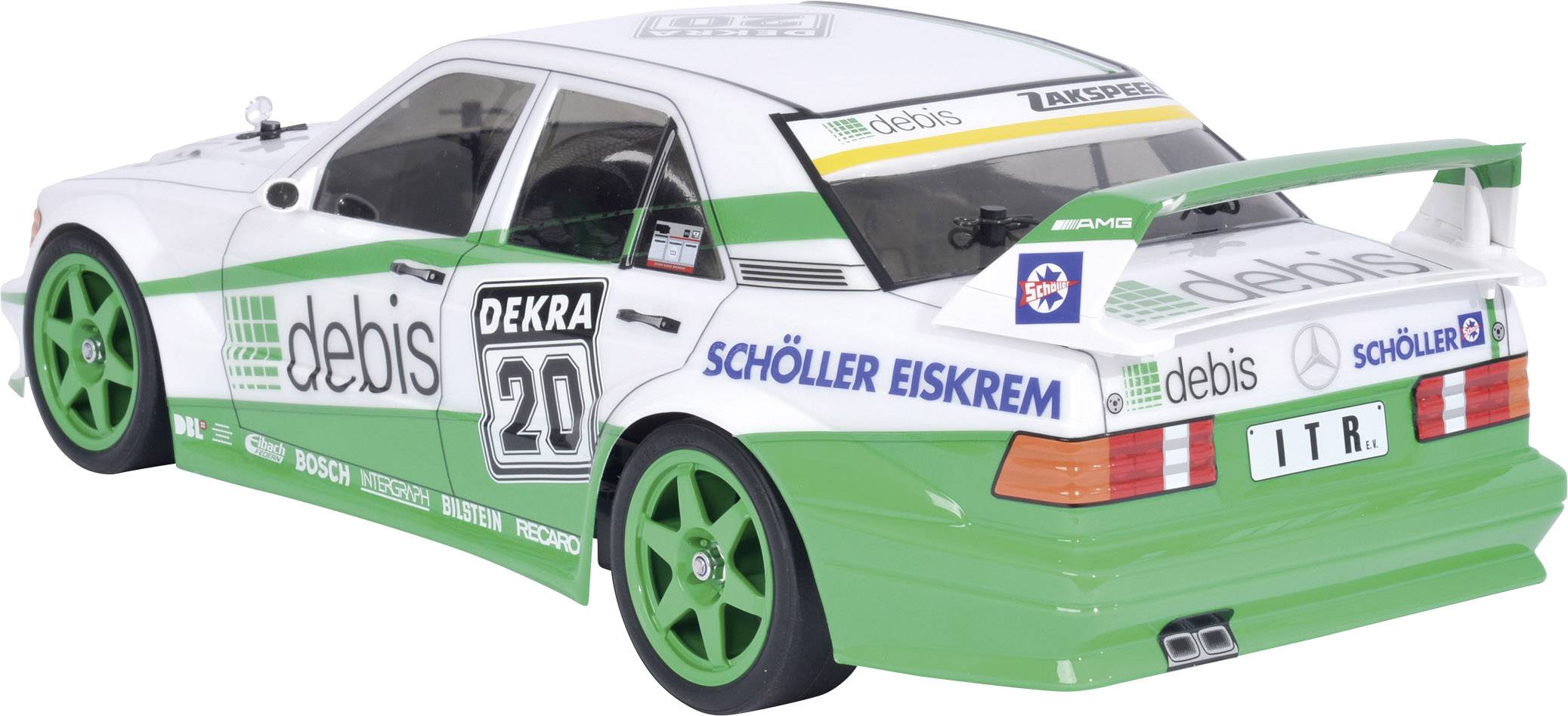 Samochód wyścigowy w skali 1:10 z białym i zielonym wzorem, naklejkami 'debis' i 'Schöller Eiskrem'. Numer modelu 'DEKRA 20' z boku.