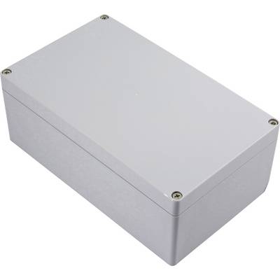 Szare, prostokątne obudowa z czterema śrubami w narożnikach, na białym tle. Jest często stosowana w urządzeniach elektronicznych.