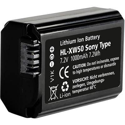 Czarny akumulator litowo-jonowy 'HL-XW50 Sony Type', 7,2V, 1000mAh. Ostrzeżenie: Nie palić, nie demontować ani nie narażać na wysokie temperatury.