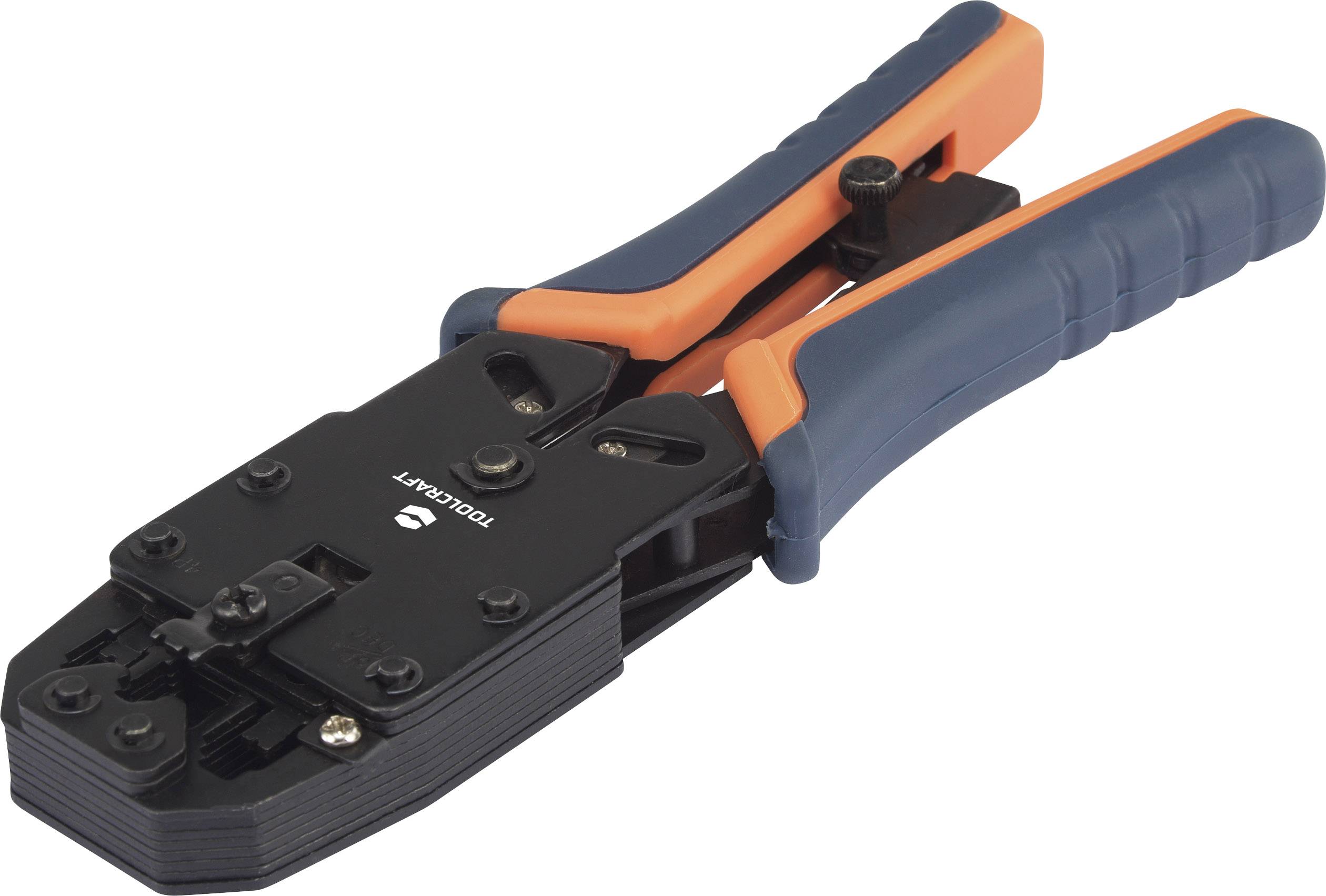 Czarna szczypce zaciskowe z niebiesko-pomarańczowymi uchwytami, używane do zakładania wtyków kabli sieciowych.