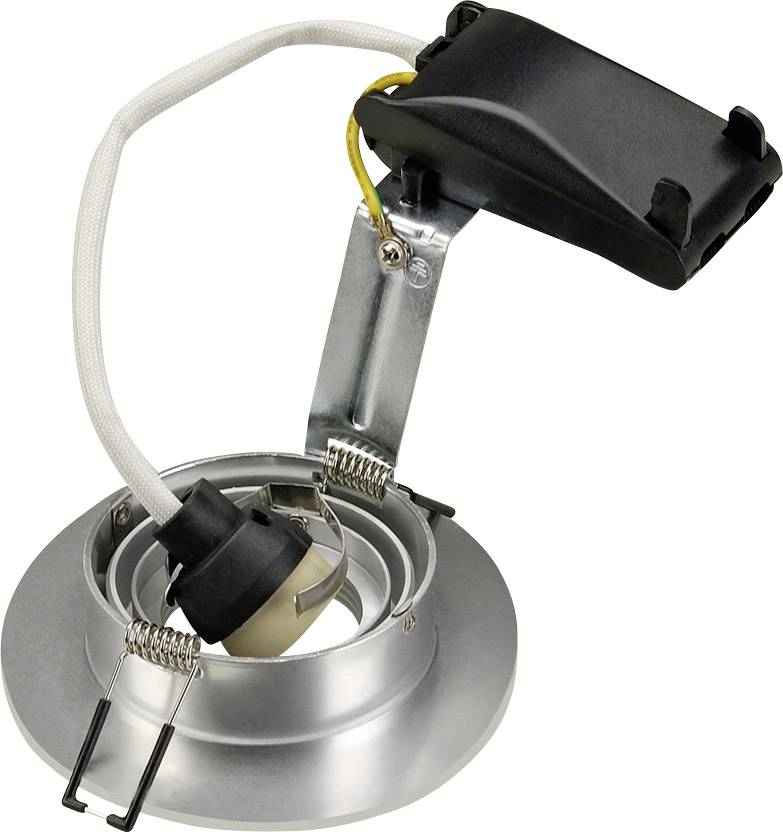 Regulowana metalowa rama montażowa do lampy sufitowej, wyposażona w zintegrowane podłączenie elektryczne oraz uchwyt.