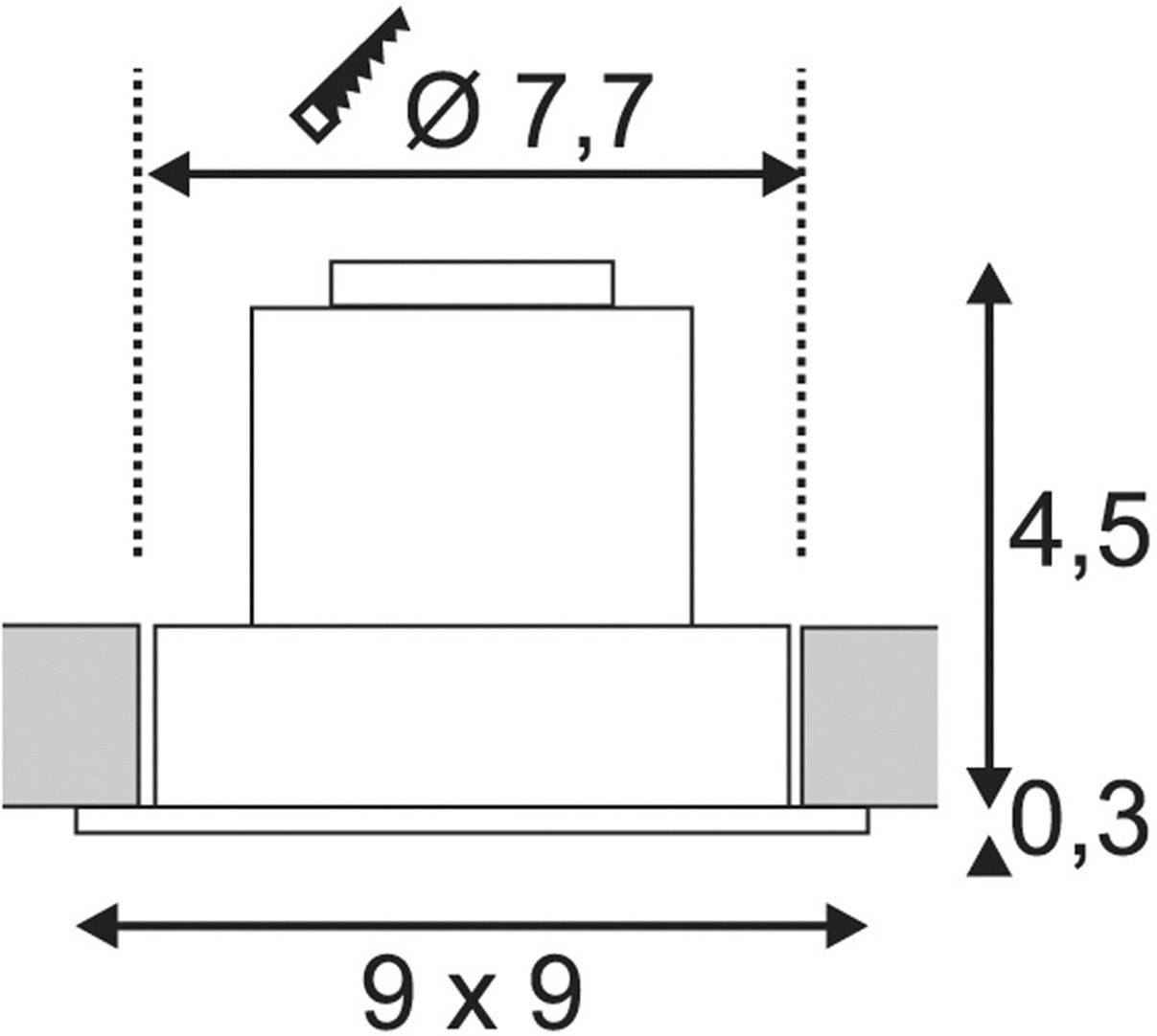 Rysunek techniczny elementu: Cylinder o średnicy 7,7 mm, całkowitej wysokości 4,5 mm, szerokości 9 mm, powierzchni podstawy 9 x 9 mm.