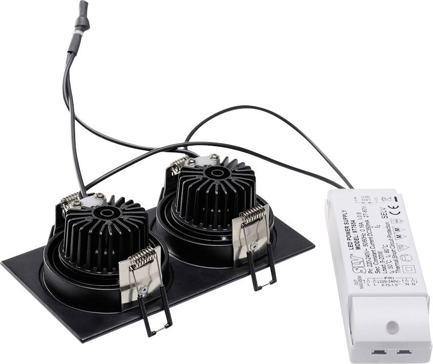 Dwa czarne reflektory LED z radiatorem, połączone z białym elektronicznym zasilaczem, nadające się do montażu sufitowego.