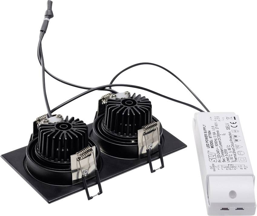 Dwa czarne oprawy LED z radatorami na metalowej ramie, połączone z białą obudową zasilacza z oznaczeniami technicznymi.