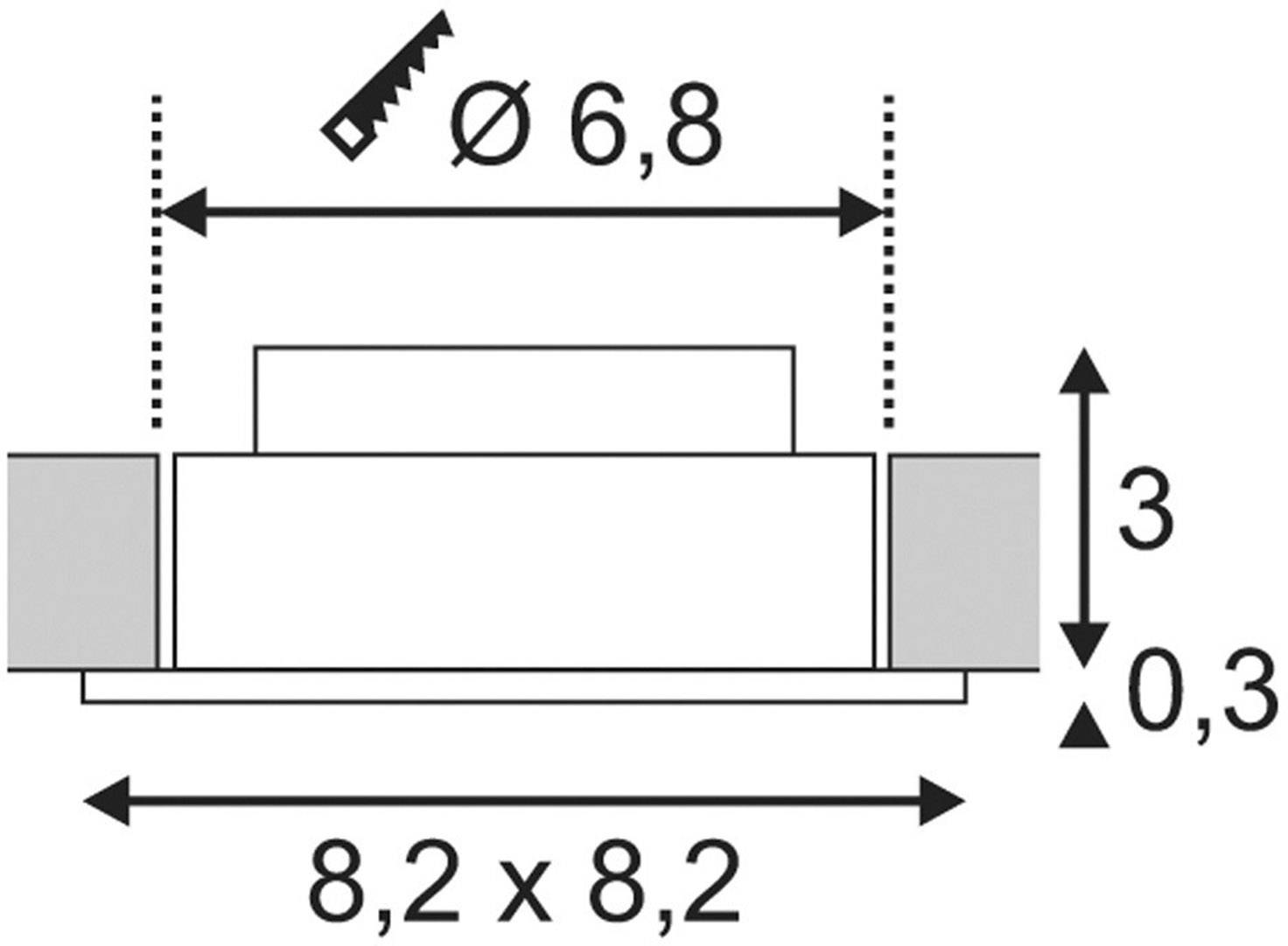 Rysunek techniczny obiektu kwadratowego o wymiarach 8,2 x 8,2, wysokości 3 oraz otworze o średnicy 6,8. Cienka linia wskazuje wymiary.