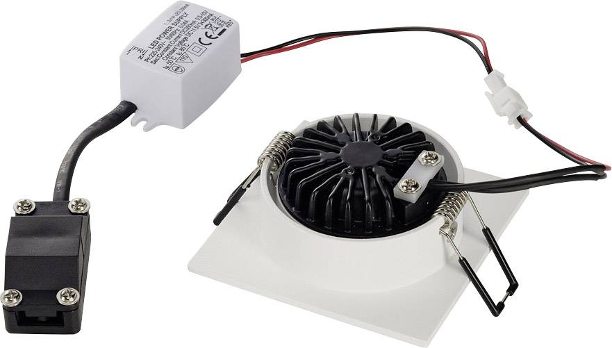 Oprawa LED z kwadratową osłoną, czarnym radiatorem i przewodami do podłączenia do sieci elektrycznej.