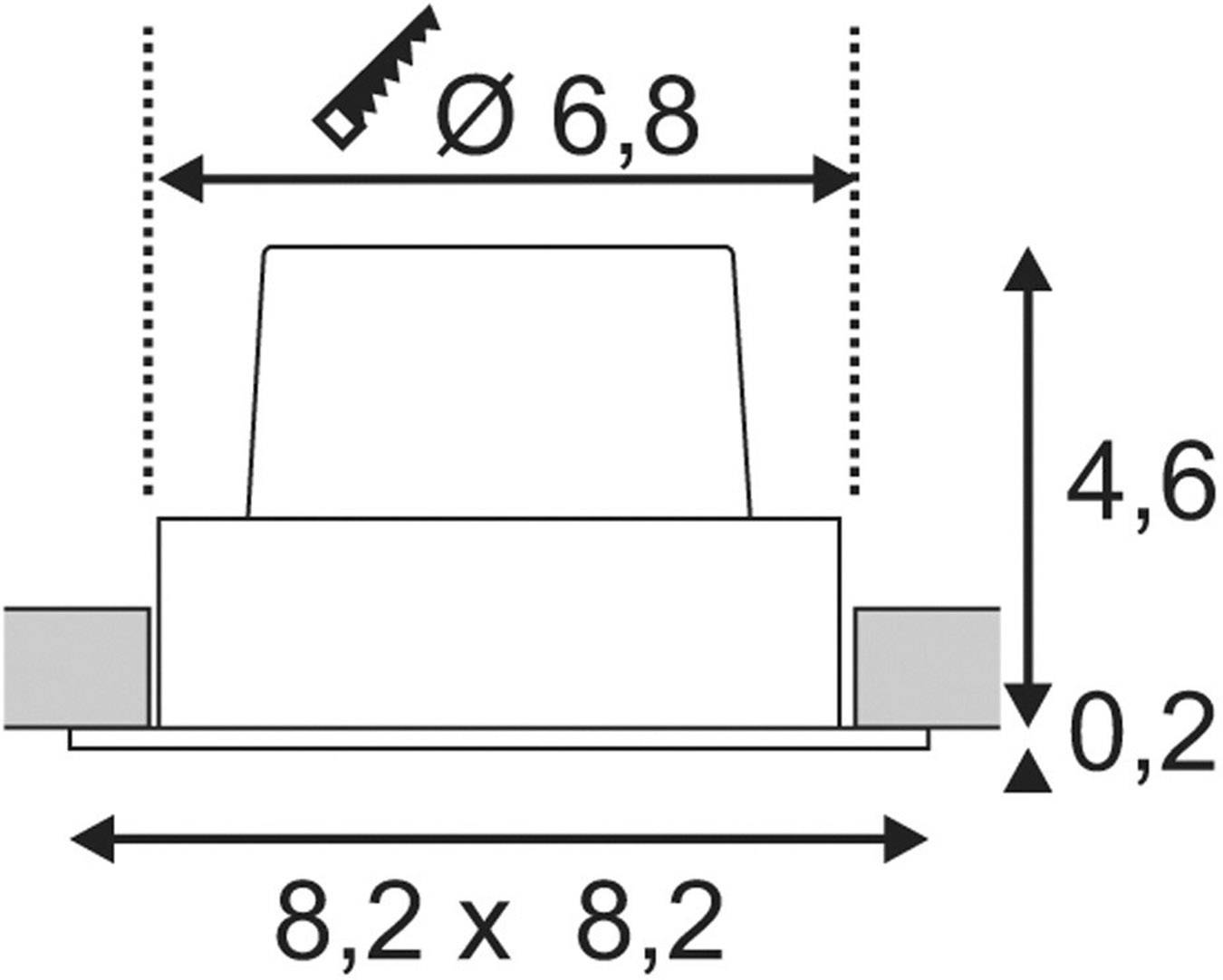Rysunek techniczny cylindrycznego obiektu z wymiarami: średnica 6,8 cm, wysokość 4,6 cm, podstawa 8,2 cm x 8,2 cm, wysokość cokołu 0,2 cm.