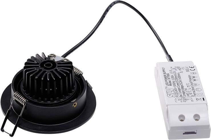 Czarny wpuszczany spot sufitowy LED z żeberkami chłodzącymi i białym zewnętrznym zasilaczem z przewodem. Odpowiedni do oświetlenia wnętrz.