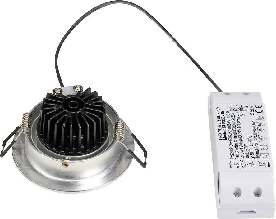 Oprawa sufitowa LED z czarnym radiatorem i białym przewodem do zasilacza.