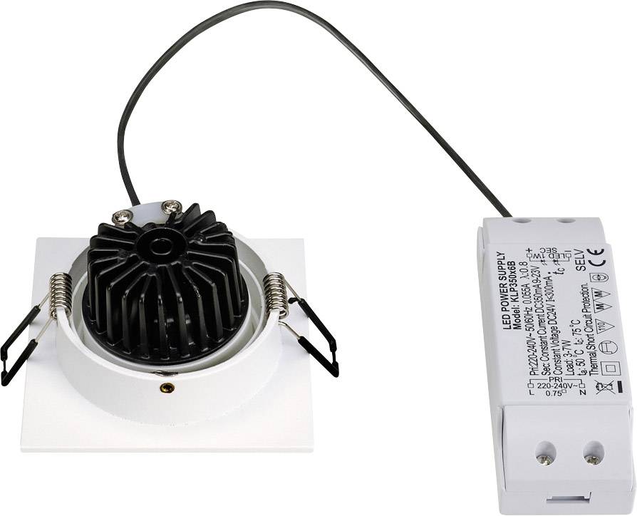 Kwadratowy reflektor LED do zabudowy z czarnym radiatorem oraz podłączonym prostokątnym zasilaczem LED z przewodem przyłączeniowym.