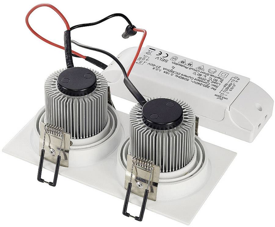 Dwa okrągłe oprawy LED w prostokątnej obudowie z żeberkami chłodzącymi i podłączonym zasilaczem, przeznaczone do montażu sufitowego.