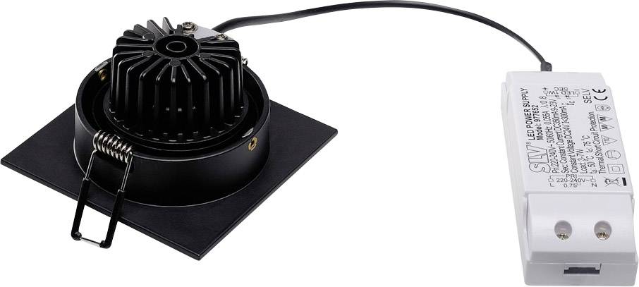 Czarny kwadratowy spot podtynkowy z modułem sterującym LED, połączony przewodem, odpowiedni do montażu sufitowego wewnątrz pomieszczeń.