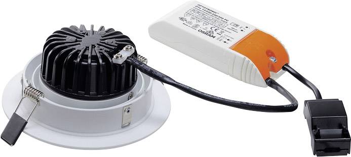 Okrągła oprawa LED do zabudowy z żeberkami chłodzącymi i zasilaniem zewnętrznym, przeznaczona do montażu sufitowego w pomieszczeniach.