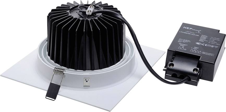 'Oprawa downlight LED z radiatorem i zasilaczem zewnętrznym.'