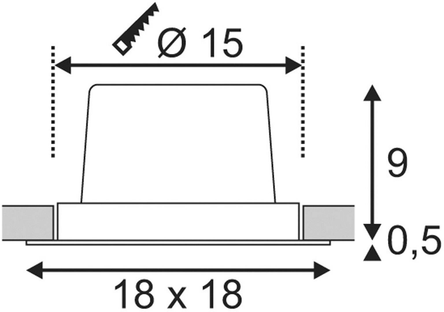 Diagram kwadratowego przełącznika o wymiarach: średnica górna 15 mm, szerokość dolna 18 mm, wysokość 9 mm, wysokość podstawy 0,5 mm.