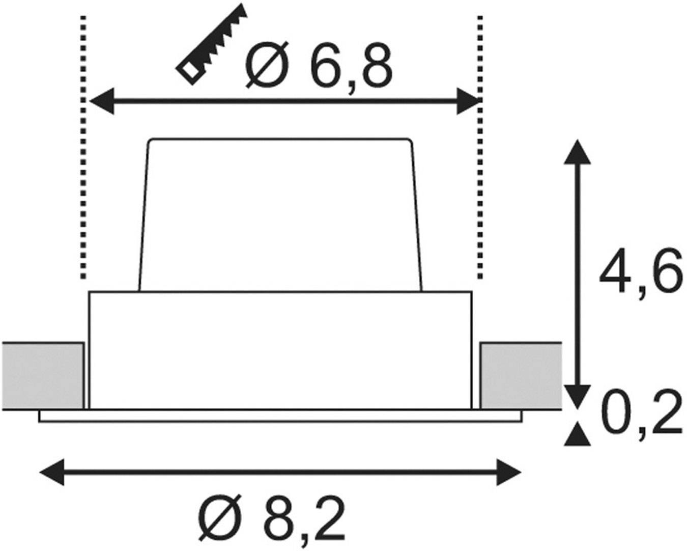 Rysunek techniczny cylindrycznego obiektu z wymiarami: średnica górna 6,8 cm, średnica całkowita 8,2 cm, wysokość 4,6 cm.