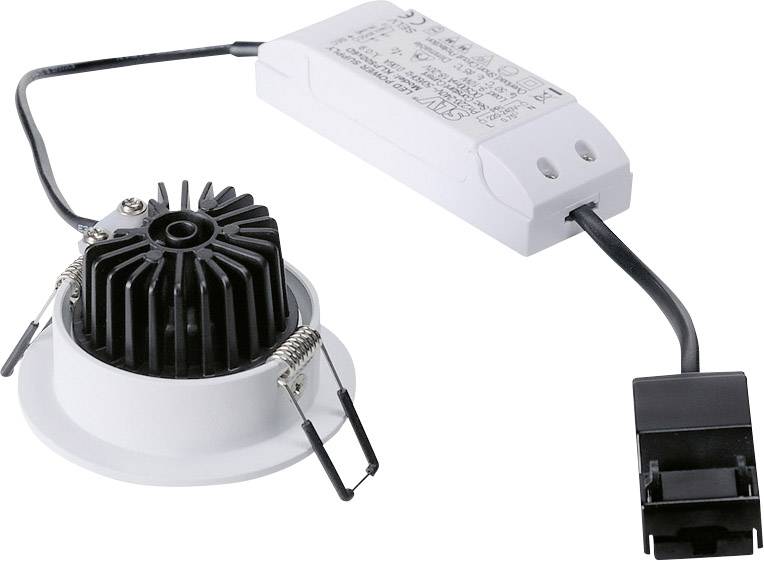 Reflektor LED z zasilaczem i kablem przyłączeniowym. Spot posiada białą oprawę, a radiator jest czarny.