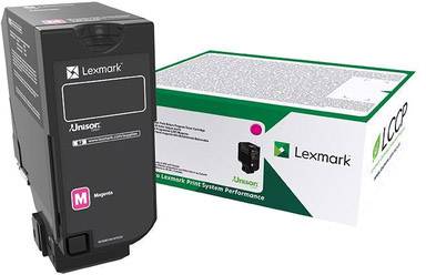 Wkład z tonerem Magenta firmy 'Lexmark' oraz opakowanie. Wkład jest przeznaczony do drukarek laserowych i zapewnia wydajne drukowanie.