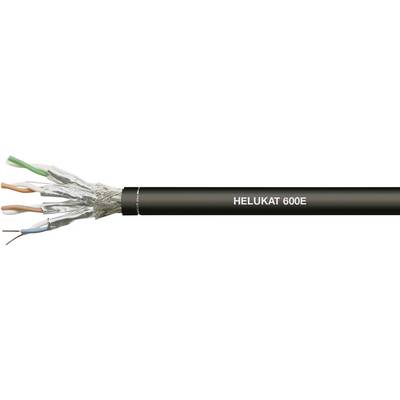 Obraz przedstawia ekranowany kabel Ethernet z napisem 'HELUKAT 600E', zawierający różne żyły w metalowej osłonie.