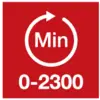 Wskazówka zegara w kole z napisem 'Min'. Poniżej napis '0-2300'. Symbol oznaczający minimalną wartość lub zakres.