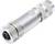 Srebrny, cylindryczny złącz elektryczny z wieloma rowkami i czarnym gniazdem przyłączeniowym na jednym końcu, przeznaczony do połączeń elektrycznych.