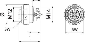 Rysunek techniczny okrągłego złącza elektrycznego z gwintem M12 i M14, o głębokości 55 mm, z widokiem z przodu i z boku.
