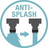 Dwa zaprojektowane przewody z narysowaną strzałką pomiędzy nimi przedstawiają technologię 'Anti-Splash'; zapobiega rozpryskiwaniu się cieczy podczas przepływu między rurami.