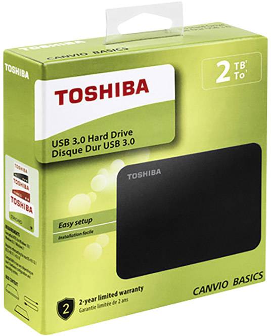 'Dysk twardy Toshiba Canvio Basics USB 3.0, 2 TB. Opakowanie z obrazem dysku, prosta instalacja i 2-letnia gwarancja.'