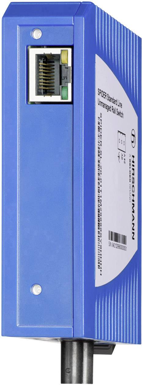 Niebieski switch sieciowy z portem Ethernet i logo firmy, przystosowany do montażu na szynie DIN.