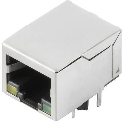Złącze sieciowe w metalowej obudowie, odpowiednie do podłączenia kabla Ethernet. Wyposażone w diody LED wskazujące stan połączenia.