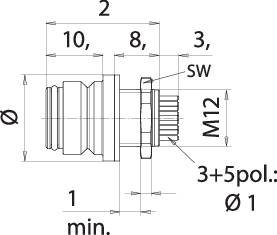 Rysunek techniczny cylindrycznego elementu z wymiarami i gwintami, z oznaczeniem '3-5-biegunowy' poniżej.