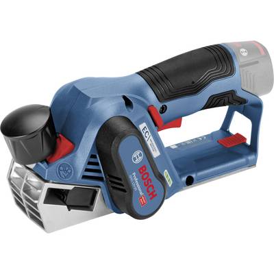 Elektryczny strug Bosch w kolorze niebieskim, widok z boku. Posiada czerwone elementy sterujące i czarny design uchwytu.
