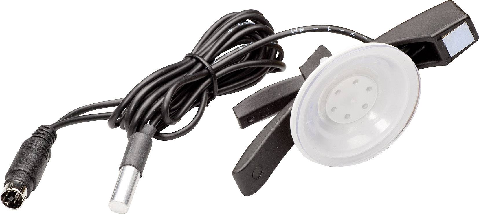 Kabel z wieloma złączami, w tym okrągłym i cylindrycznym. Na jednym końcu znajduje się przezroczysty przyssawka.