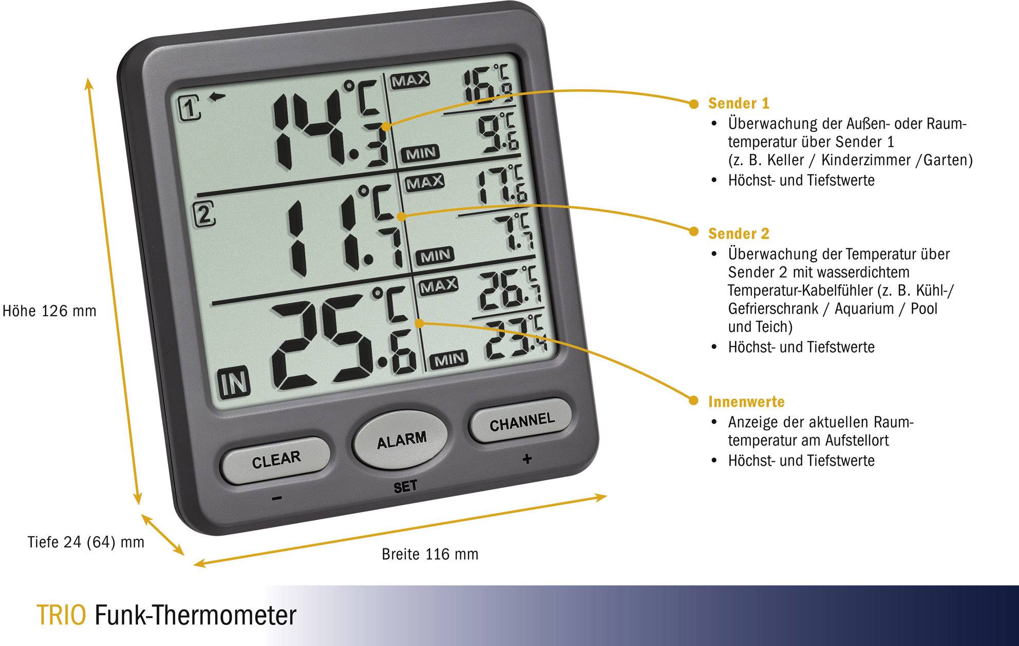 Бездротовий термометр TFA Dostmann TRIO антрацитового кольору 30.3062.10