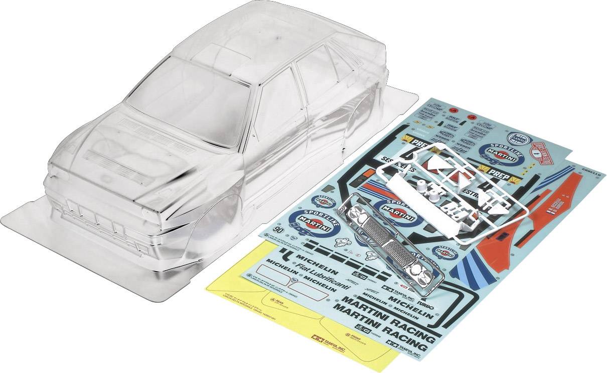Zestaw modelarski samochodu rajdowego z tworzywa sztucznego, z przezroczystym nadwoziem, dołączonymi naklejkami i elementami wyposażenia do złożenia.